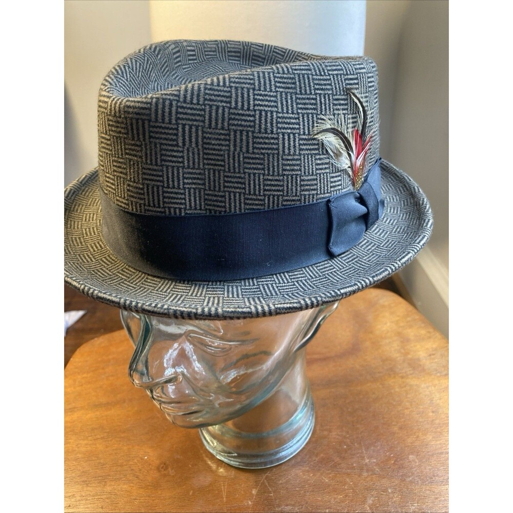 Stefeno Fur Felt Fedora 7 1/4 Made in USA brown Geometric Check Pork pie Hat